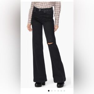 PAIGE Black Flare Wide Leg Jeans with Distressed Knee